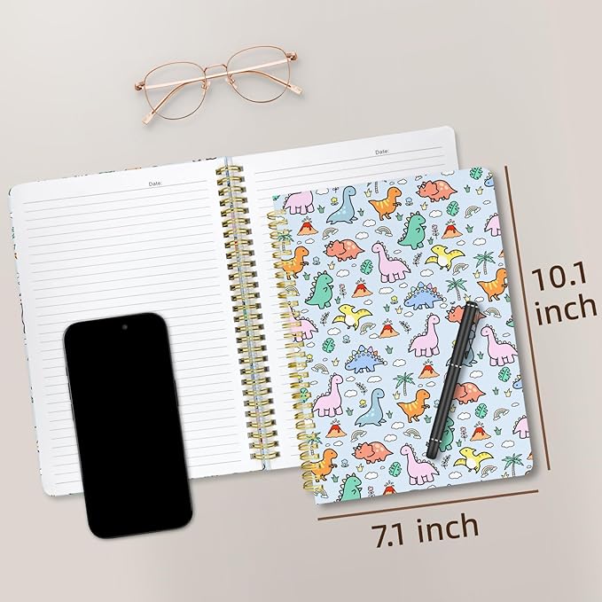 Cute Spiral Notebook journal B5 Aesthetic Pretty Design for Women Girls Kawaii with Pocket, 10 x 7.2 inch, Lined, Little Dino