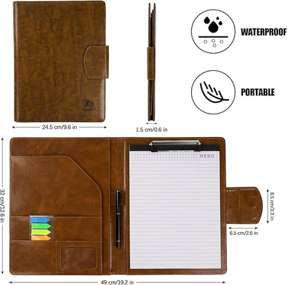 A4 Leather Portfolio Professional Organizer Padfolio,Stylish Document Folio Organizer with Magnetic,Resume Portfolios with Papers,Sticky Tabs,Pen for Interview Conference Presentation,Retro Brown
