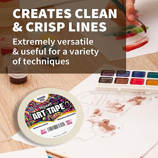 White Art Tape Medium Tack - Masking Artists Tape for Drafting Art Watercolor Painting Canvas Framing - Acid Free 1/4 Inch/ 0.25inch Wide 180FT Long