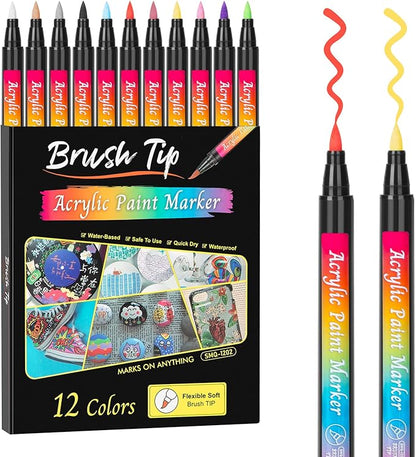 SMOOTHERPRO 12 Acrylic Paint Pens, Brush Tip (1-6mm) Acrylic Paint Markers, Fabric Markers for Textile, Canvas, Rock, Glass, Wood, Paper, Pumpkin, DIY