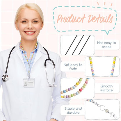 BESARME Teacher Lanyard with ID Holder Colorful Cute Wooden Beaded Lanyards for ID Badge Holders Retractable Badge Reel Keys Eyeglass Chains for Women