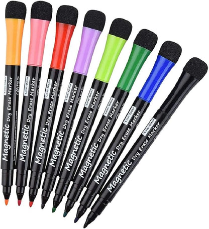 Magnetic Dry Erase Markers - Fine Tip, Assorted Colors, 8 Pack, Low Odor Whiteboard markers for kids, Work On White board & Calendar, Refrigeratorr