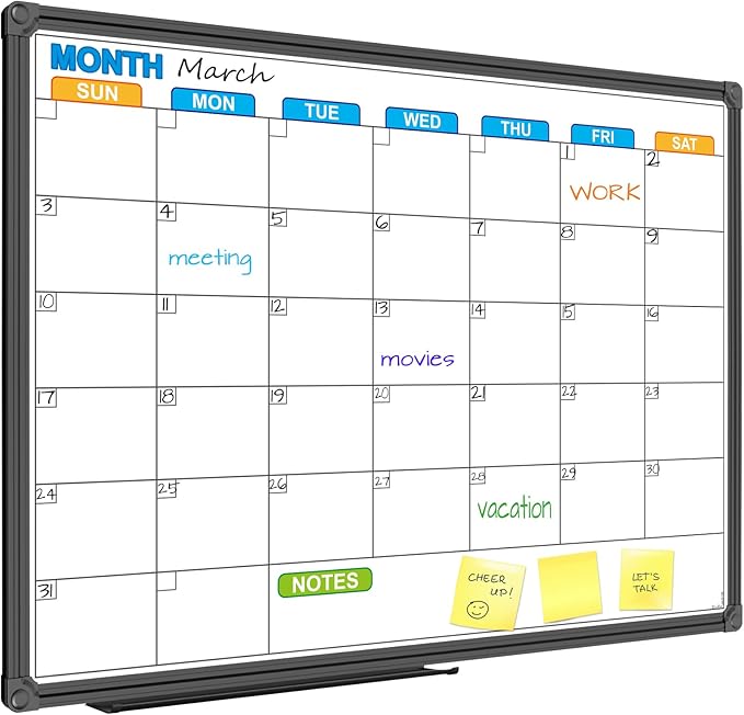 JILoffice Dry Erase Calendar Whiteboard - Magnetic White Board Calendar Monthly 24 X 18 Inch, Black Aluminium Frame Wall Mounted Board for Office Home and School