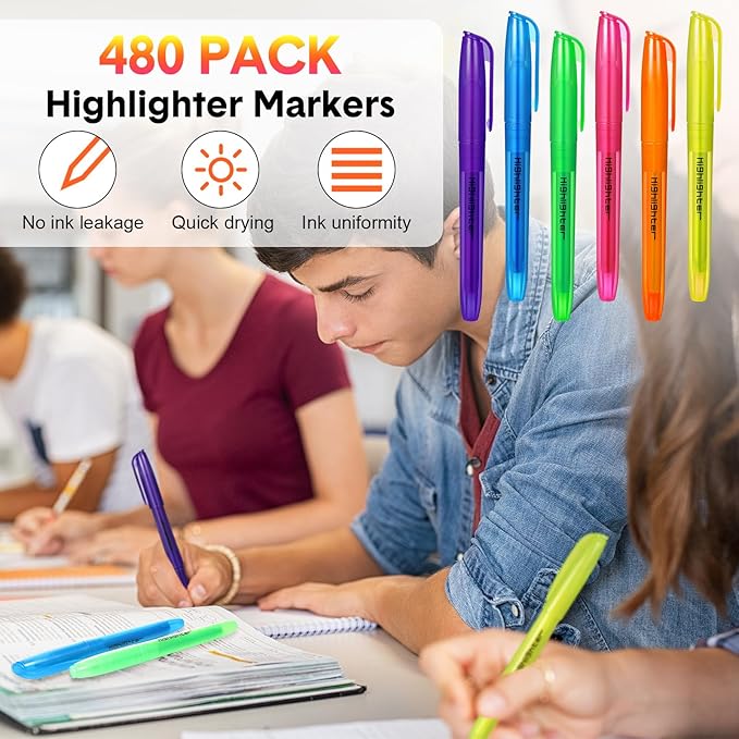 Thenshop 480 Pcs Highlighter Bulk Pack Assorted Colors Highlighter Markers Chisel Tip Fluorescent Pens for Office Classroom Back to School Supplies