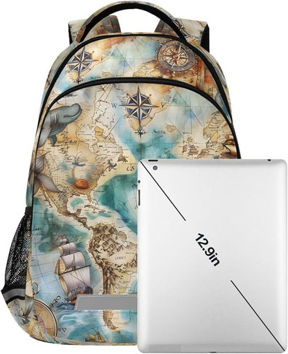 senya Travel Backpack Carry On Bookbags Sailboat Nautical Map Bagpack with Reflective Strip and Mesh Side Pockets