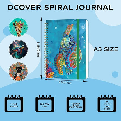 Spiral Notebook - A5 Spiral Notebooks, 8.3'' × 5.8'', 160 Pages, Aesthetic Journaling Notebooks for Women, College Lined Notebook with Elastic Closure, Back Pocket, for School Office, TurtleA