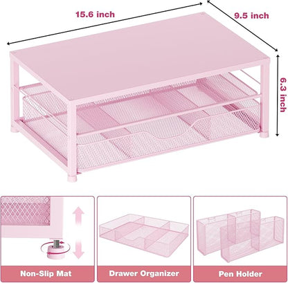 Desk Organizers and Accessories, 2-Tier Computer Monitor Stand for Desk Organizer with Drawer and 2 Pen Holders, Office Desk Accessories Workspace Desktop Organizers for Office Supplies, Pink