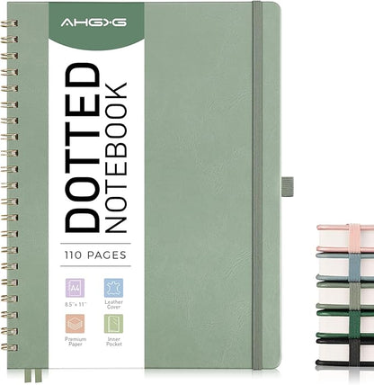 AHGXG Bullet Dotted Journal Spiral Notebook 8.5" x 11", Large A4 Leather Hardcover Dotted Notebook, 100 GSM Thick Dot Grid Paper, Inner Pocket, for Bullet Journaling, Sage Green
