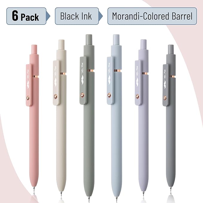 Mr. Pen- Retractable Gel Pens with Rose Gold Ring and Ball, 6 Pack, Morandi Barrels, Japanese Black Gel Pens, Fast Dry, Gel Pens Fine Point 0.5mm, Smooth Writing Aesthetic Pens for Journaling