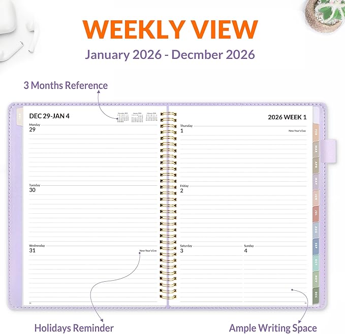 SUNEE 2026 Weekly & Monthly Planner 9"x11.2"- 12 Month (January 2026 - December 2026), Vegan Leather Cover, Pocket, Bookmark, Notes, Monthly Tab, Purple