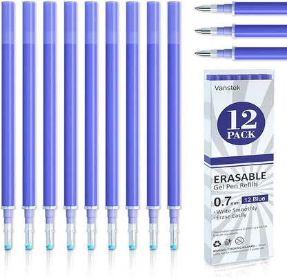 Vanstek 12 Blue Erasable Gel Pen Refills, Gel Ink Refills Compatible with FriXion & Friction Erasable Pens, Fine Point 0.7 mm, Perfect for Writing Planner & Crossword Puzzles
