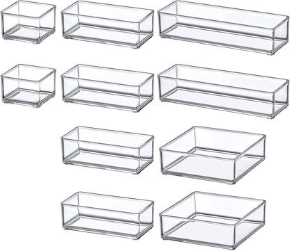 Amazing Abby - QuickSort - Plastic Stackable Organizers (10-Piece Set) for Vanity and Desk Drawer, Perfect Storage Solution for Beauty Products, Office Supplies, Decorative Items, and More