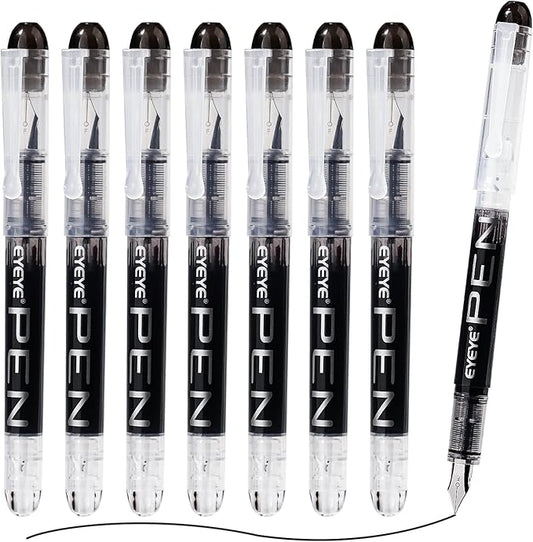 EYEYE Disposable Fountain Pens Fine Point, 8 Pack Black Calligraphy Pens for Writing, Stainless Steel Nib, Smooth Writing for Journaling, Drafting, Sketching, Doodling & Office Supplies