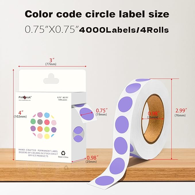 PARLAIM 0.75 inch Diameter Colored Dot Stickers 4 Rolls Pack 4000pcs Lavender Round Label Color Coding Marking Stickers Permanent Adhesive for Garage Sale
