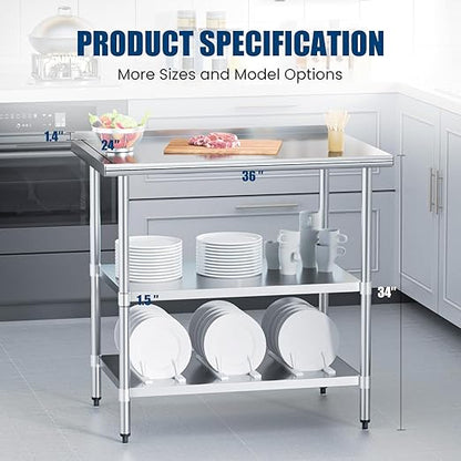 Stainless Steel Table 24 x 36 Inches Metal Prep Table with 2 Adjustable Undershelves & Backsplash, Stainless Steel Work Table for Commercial Kitchen, Outdoor, Restaurant, Hotel & Garage