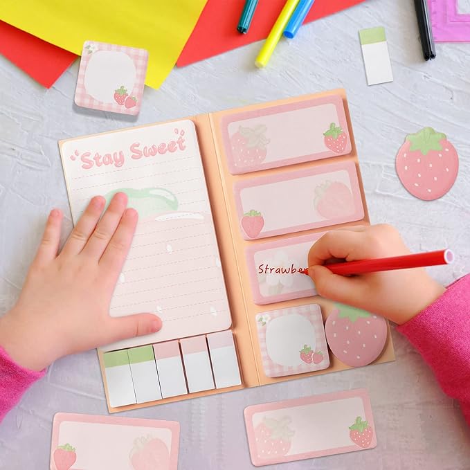 Life is Berry Sweet Sticky Notes Set, 550 Sheets, Strawberry Pattern Self-Stick Notes Pads Summer Fruit Divider Tabs Bundle Writing Memo Pads Back to School Office Supplies Small Gift