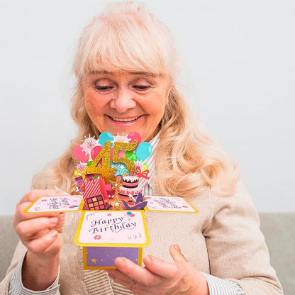 Asmallgf 45th Birthday Pop Up Card Idea, Printed on Recyclable 300gsm Linen Cardstock, Size 3.1x3.1x7.1 Inches, Includes Envelope and Note