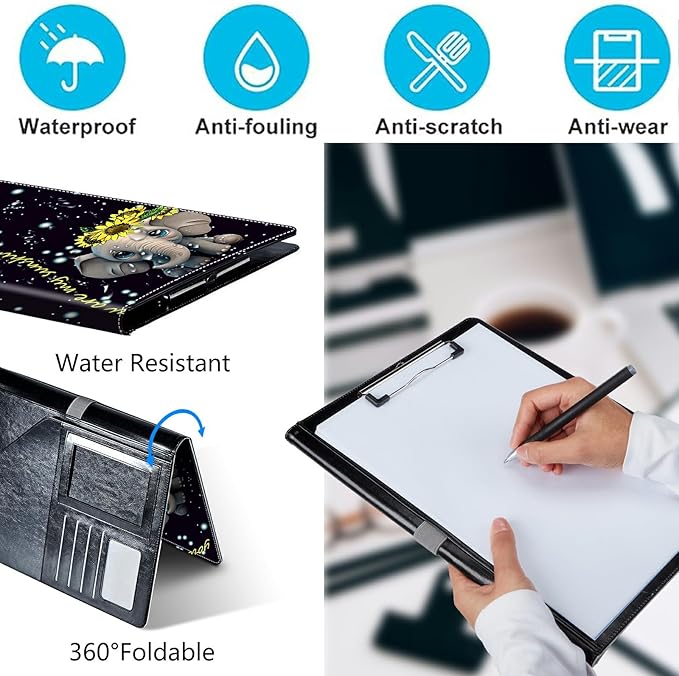 PU Leather Padfolio Folder Clipboard Portfolios Organizer Conference Document Organizer with Business Card Holder Storage Clipboard Writing Pad,Elephant Sunflower
