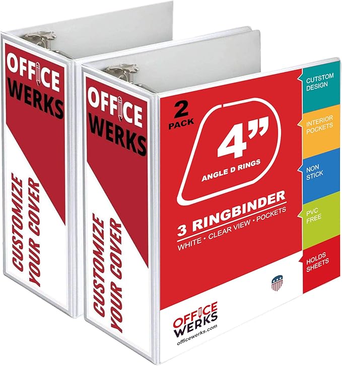 Performore 3 Ring Binder, Professional Angle D Ring Binder 4 Inch, Presentation Folder for Standard Pages 8.5 x 11 with Pockets, Crystal Clear View White Binder (2 Pack)