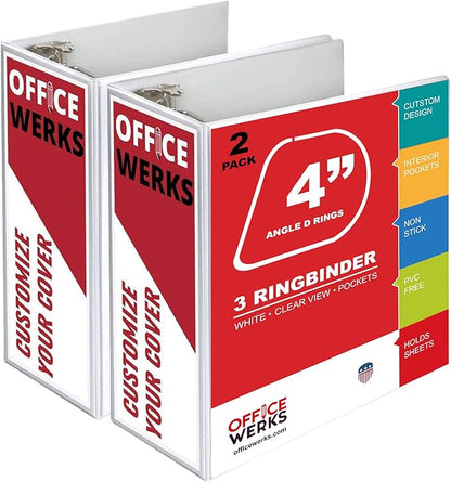 Performore 3 Ring Binder, Professional Angle D Ring Binder 4 Inch, Presentation Folder for Standard Pages 8.5 x 11 with Pockets, Crystal Clear View White Binder (2 Pack)