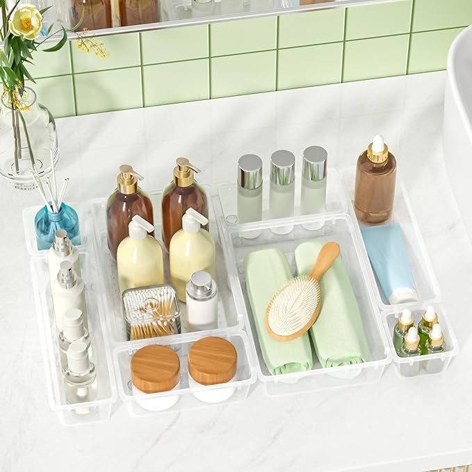 Drawer Organizers of 45 PCS Plastic Drawer Organizer Bins, 4 Sizes Versatile Bathroom Kitchen Office Organizers and Storage Containers for Makeup, Utensils, Stationery