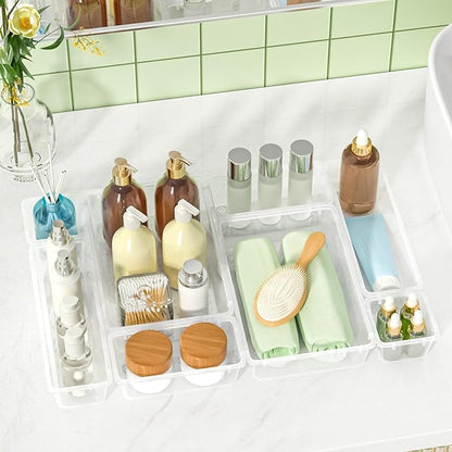 Drawer Organizers of 45 PCS Plastic Drawer Organizer Bins, 4 Sizes Versatile Bathroom Kitchen Office Organizers and Storage Containers for Makeup, Utensils, Stationery