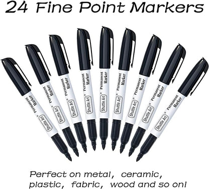 Shuttle Art Permanent Markers, 24 Pack Black Permanent Marker set,Fine Point, Works on Plastic,Wood,Stone,Metal and Glass for Doodling, Marking