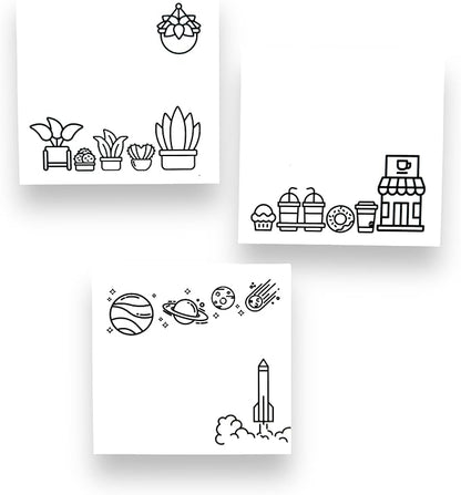A Brighter Year Color Your Own Post-It Notes Bundle - 3 Sticky Note Pads - 3” x 3” Self Stick Notes - Coffee, Plant, & Space Themes -School, Office, Home, Travel, Notebook - Relaxation, Stress Relief