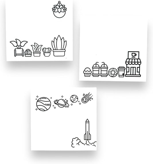 A Brighter Year Color Your Own Post-It Notes Bundle - 3 Sticky Note Pads - 3” x 3” Self Stick Notes - Coffee, Plant, & Space Themes -School, Office, Home, Travel, Notebook - Relaxation, Stress Relief