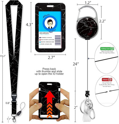 Black Marble Lanyards for Id Badges, Cute Badge Reel Heavy Duty with Carabiner Clip, Fashionable ID Badge Holder with Breakaway Lanyard, Teacher Nurse Office Gifts