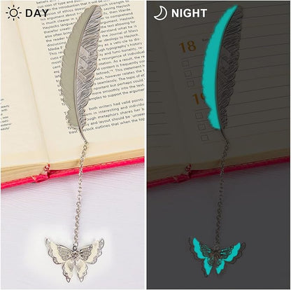 Feather Metal Bookmark with 3D Butterfly Pendant, Unique Glow in The Dark Butterfly Bookmark, Mothers Day, Thanksgiving, Valentine's Day Gifts Gift for Women Her (Silver Butterfly)