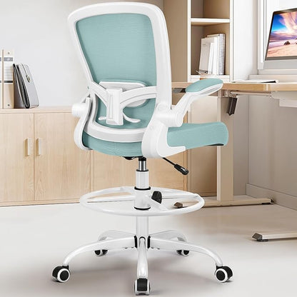 FelixKing Drafting Chair Ergonomic Tall Office Chair, Breathable Mesh Chair with Adjustable Footrest Ring Lumbar Support Flip-up Armrests, High Back Executive Comfy Task Computer Chair for Home Office