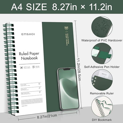 EMSHOI Lined Journal A4 Spiral Notebook, College Ruled Notebook, 300 Pages/150 Sheets, 100gsm Acid-Free Paper, Waterproof Softcover Notebook for School, Work, Writing, 8.27" × 11.2" - Dark Green