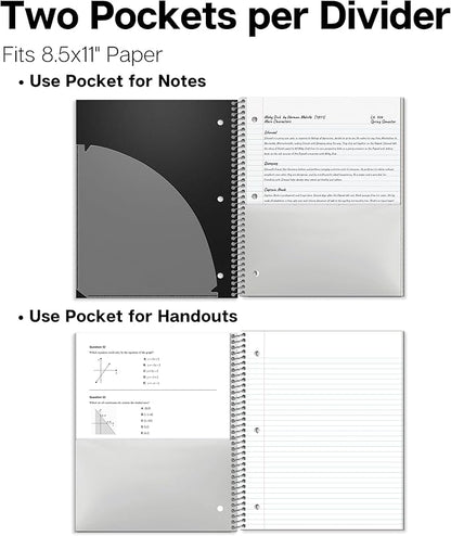 Dunwell 3-Subject Notebook College Ruled (Black), Spiral Notebook 8.5 x 11, Plastic Cover, 3 Pocket Dividers, 150 Sheets (300 Pages), 3-Hole Punched Perforated 8 1/2 x 11 Paper