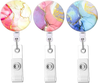 Retractable Badge Reel Clip, Badge Holder with Alligator Clip, Cute Badge Clip on ID Name Card Holders for Nurse Doctor and Office (3Pack Marble Golden Blue Pink)