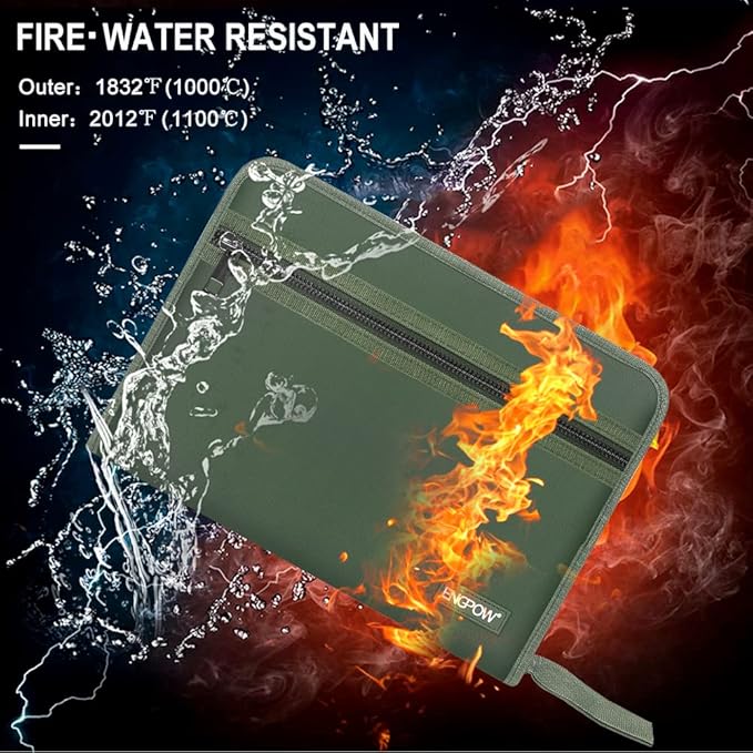 ENGPOW 13 Pocket Expanding File Folder,Fireproof Accordion File Folder Document Organizer with Zipper Closure,Document Folder Safe with Colorful Tabs,A4 Letter Size for Travel,Home,Office,Green