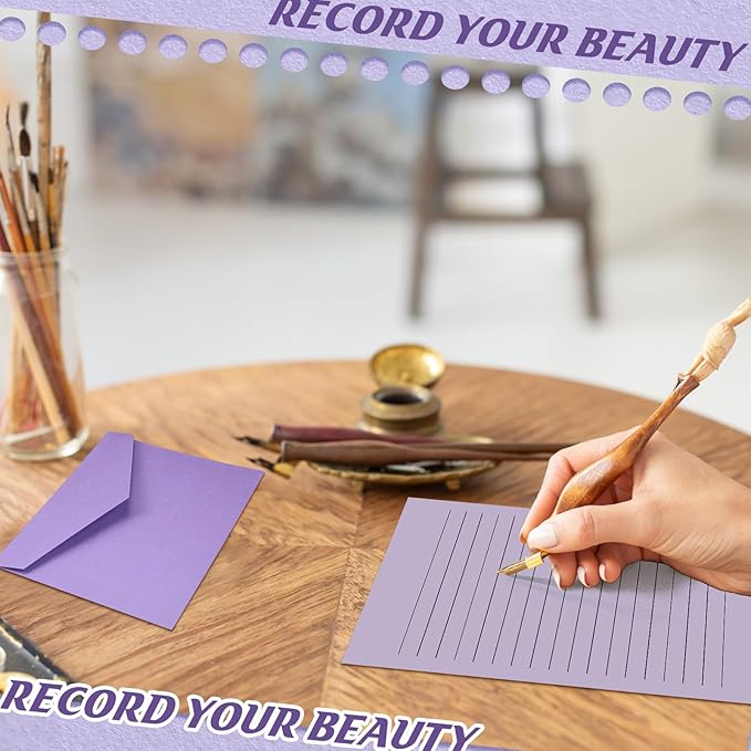 100 Pcs Stationery Lined Stationery Paper and Envelopes Set Includes 50 Letter Writing Paper and 50 Envelope for Office, 5.5 x 8.25 Inch(Purple)