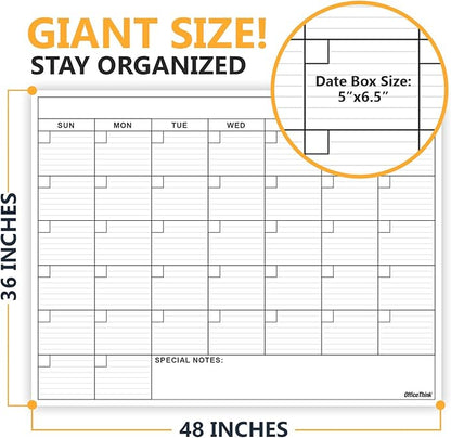 Jumbo Dry Erase Laminated Wall Calendar, Huge 36 Inch by 48 Inch Size, Monthly Planner for Home Office Classroom, Large Date Boxes, Reusable PET Film, Never Folded, 5 Markers, 8 Tacks, 1 Eraser white