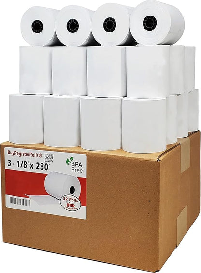 (32 Rolls) 3 1/8 x 230 Thermal Paper Receipt Rolls fits all Clover POS Cash Register Printers, Star Micronics SCP700 TSP100 TSP300 TSP400 TSP500 TSP600 TSP 700 TSP2000 CT S300 from BuyRegisterRolls