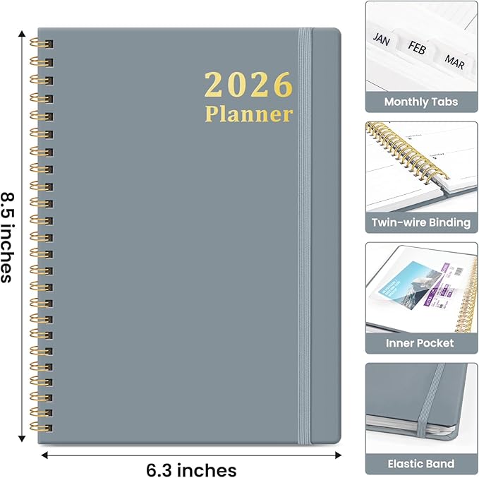2026 Planner, Weekly and Monthly Calendar Planner, January 2026 - December 2026, Hardcover 2026 Calendar Planner Book with Tabs For Women & Men, Inner Pocket, Spiral Bound, Perfect for Office Home School Supplies - A5 (6.3" x 8.5"), Stone Gray