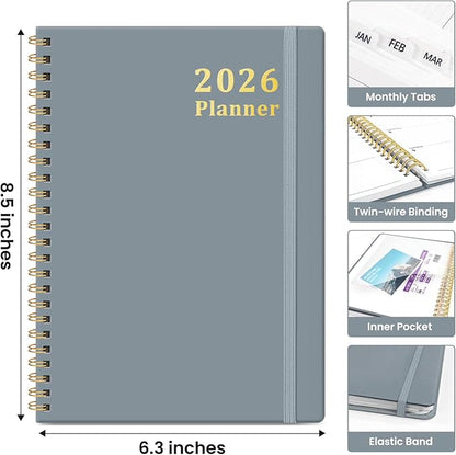 2026 Planner, Weekly and Monthly Calendar Planner, January 2026 - December 2026, Hardcover 2026 Calendar Planner Book with Tabs For Women & Men, Inner Pocket, Spiral Bound, Perfect for Office Home School Supplies - A5 (6.3" x 8.5"), Stone Gray