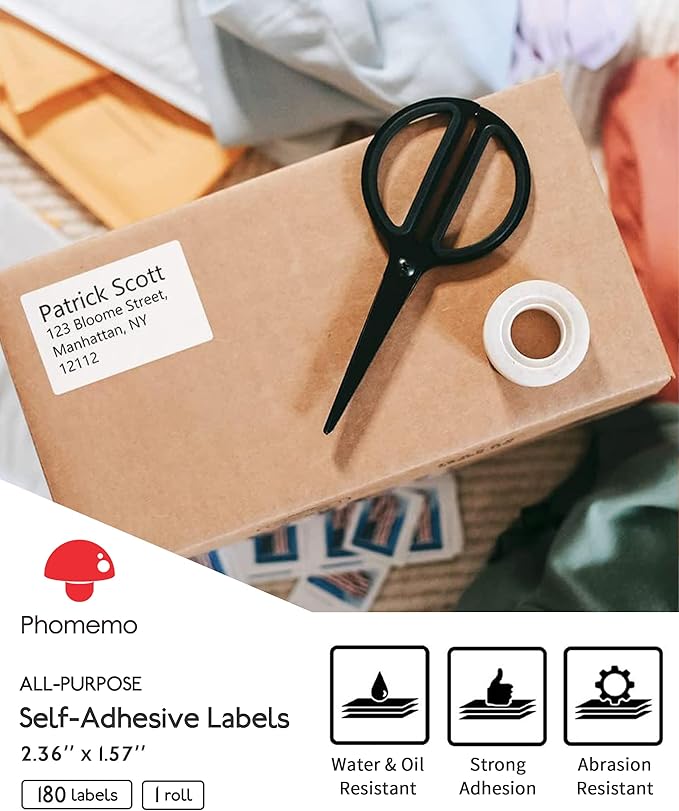 [180 pcs] Phomemo Labels for M220 M221 M250 M260 M200, 2.36'' x 1.57''(60 x 40mm), Original, Square, White, 180 Labels/Roll, Multi-Purpose Self-Adhesive Thermal