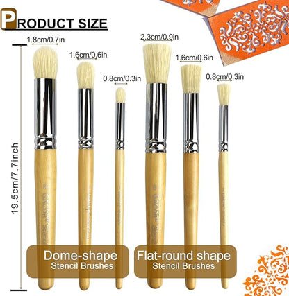 Wooden Stencil Brush Set, 6 Pieces Natural Hog Bristle Dome Stencil Brushes for Painting On Wood Wall, Stencil Projects, Card Making, DIY, Crafts and Acrylic Oil Watercolor Painting…