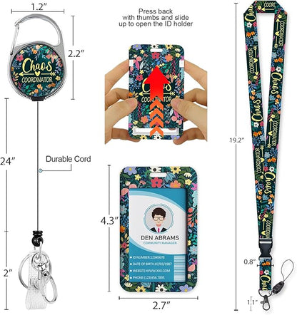 Lanyards for Id Badges, Funny Badge Holder with Retractable Reel Belt Clip, Chaos Coordinator Work Name Tag Lanyard Vertical ID Card Protector Case for Women Nurse Doctor Teacher Student