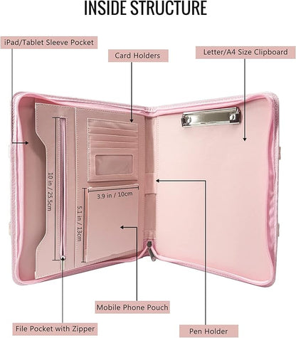 GraduatePro Portfolio Binder Leather Zippered Padfolio Folder Business Case Organizer Bag for Pad Notebook Resume with Clipboard for Women Graduation Gift, Pink