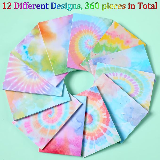 12 Pcs Rainbow Tie Dye Sticky Notes Cute Colored Sticky Paper Fun Pastel Art Party Self Adhesive Notepads for Kids Girls School Office Gay Pride Party Supplies, 30 Sheets Each (2.8 x 4 Inch)