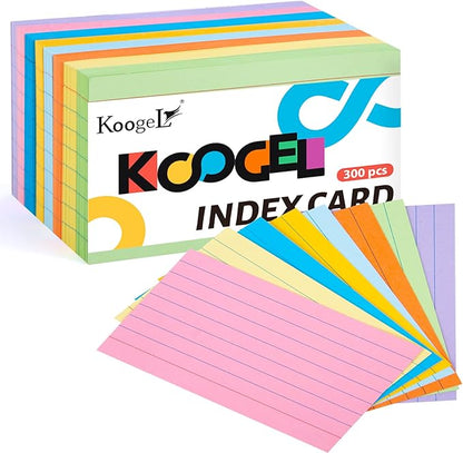 Koogel Colored Index Cards 3x5, 300 Count, Ruled Lined both Side, 8 Assorted Colors, Flash Cards for Studying, Heavy Note Cards for Office, Home and School