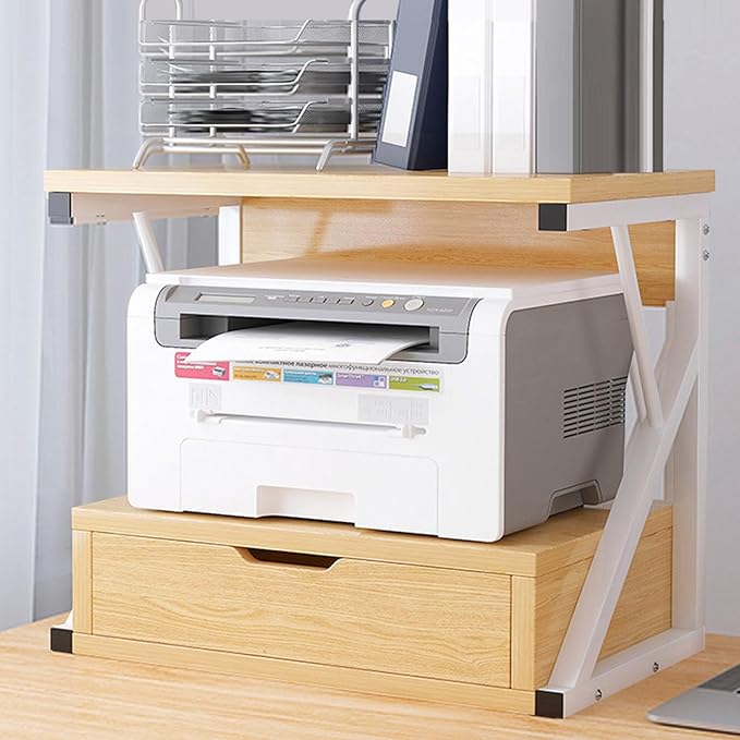 Printer Stand for Desk,2 Tier Desktop Printer Stand,Home Printer Stand with Storage Drawer,Small Printer Table,Desk Organizer Shelf for Top of Desk,Printer Rack for Fax Machine,Scanner-Oak