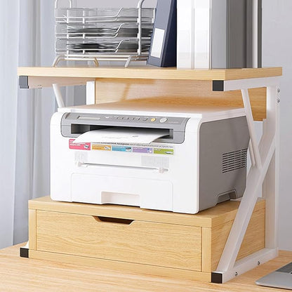 Printer Stand for Desk,2 Tier Desktop Printer Stand,Home Printer Stand with Storage Drawer,Small Printer Table,Desk Organizer Shelf for Top of Desk,Printer Rack for Fax Machine,Scanner-Oak