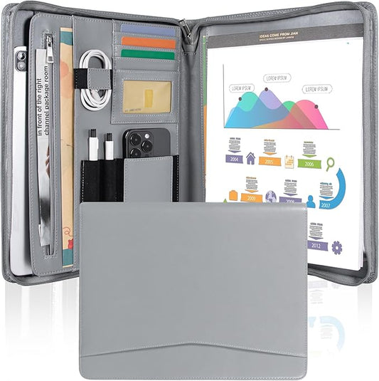 Calfinder Portfolio for Men, Zippered Vegan Leather Padfolio for Women, Business Portfolio Organizer Folder, Professional Padfolio with A4 Notepad Holder for Interview/Meeting, Office Gifts, Gray